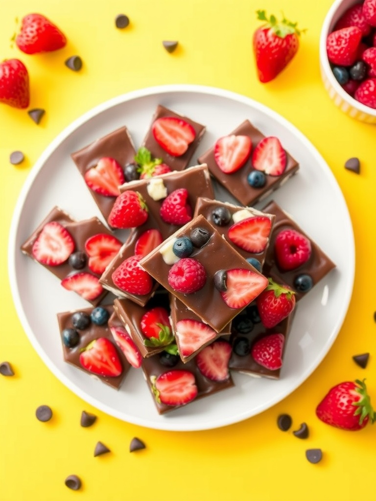 Decadent Chocolate Dipped Frozen Yogurt Bark Recipe Colorful pieces of chocolate dipped frozen yogurt bark with berries on a white plate.